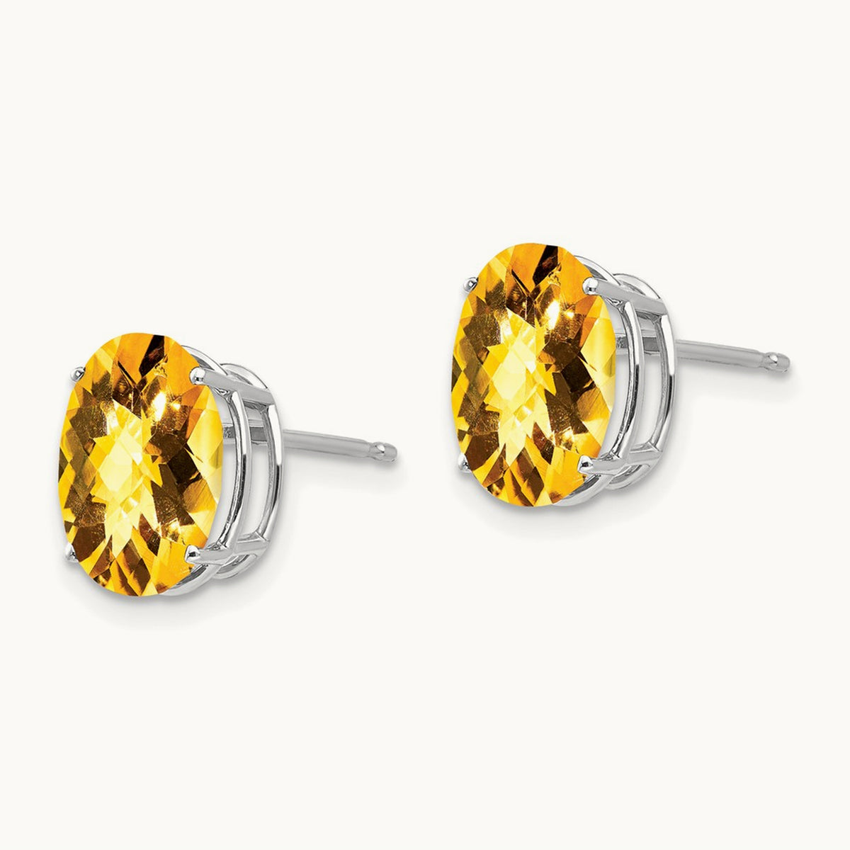 10x8mm Oval Citrine Checker Earrings, 14K White Gold