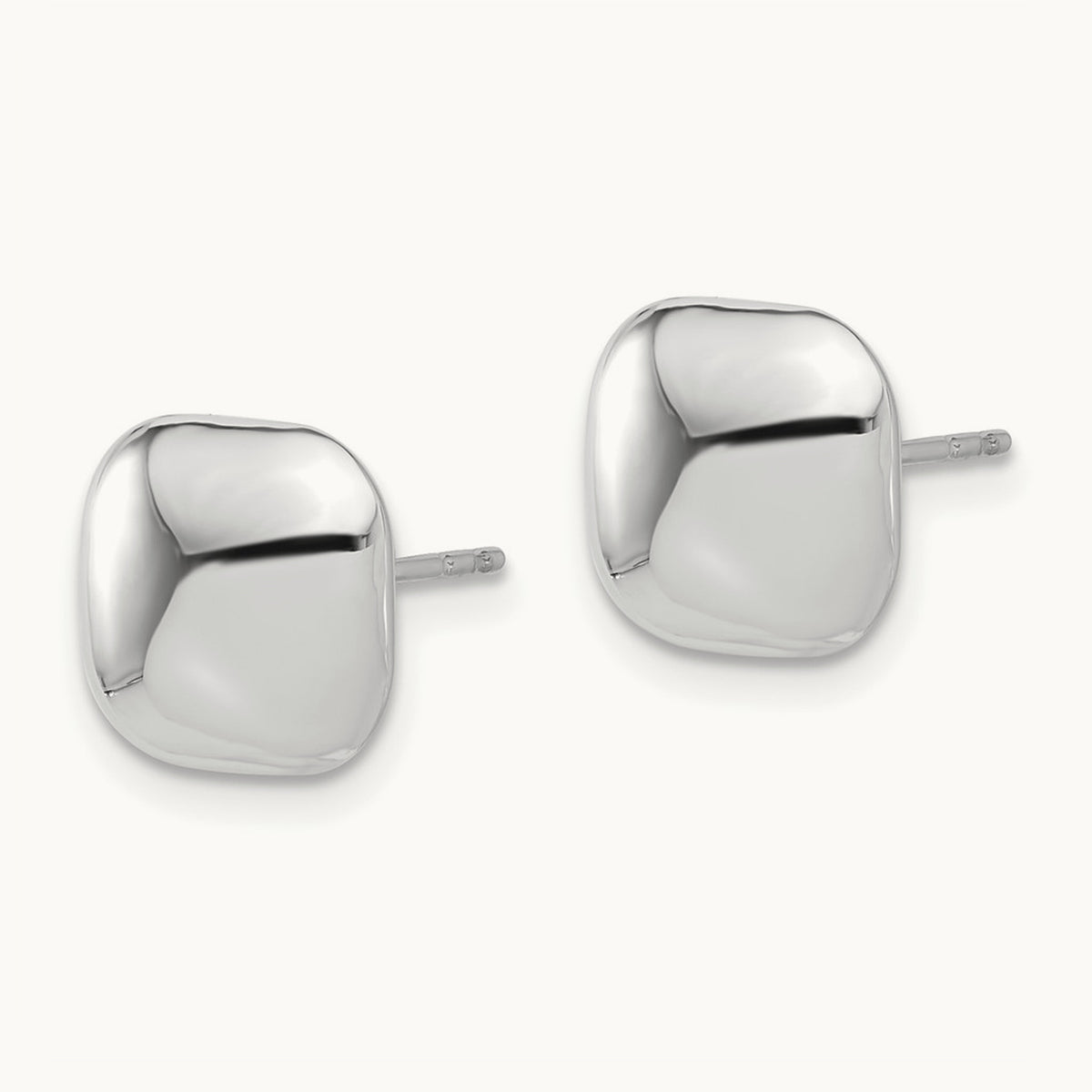 Polished Puffed Square Post Earrings — 14K White Gold