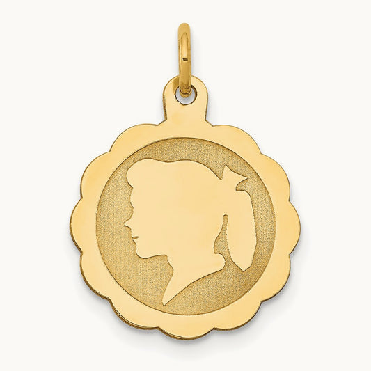 Girl Head on .011 Gauge Engravable Scalloped Disc Charm — 21mm