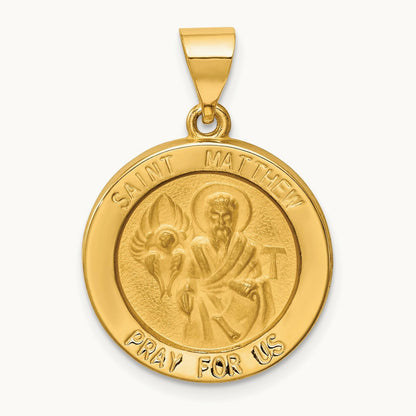 Polished and Satin St Matthew Medal Hollow Pendant, 14K