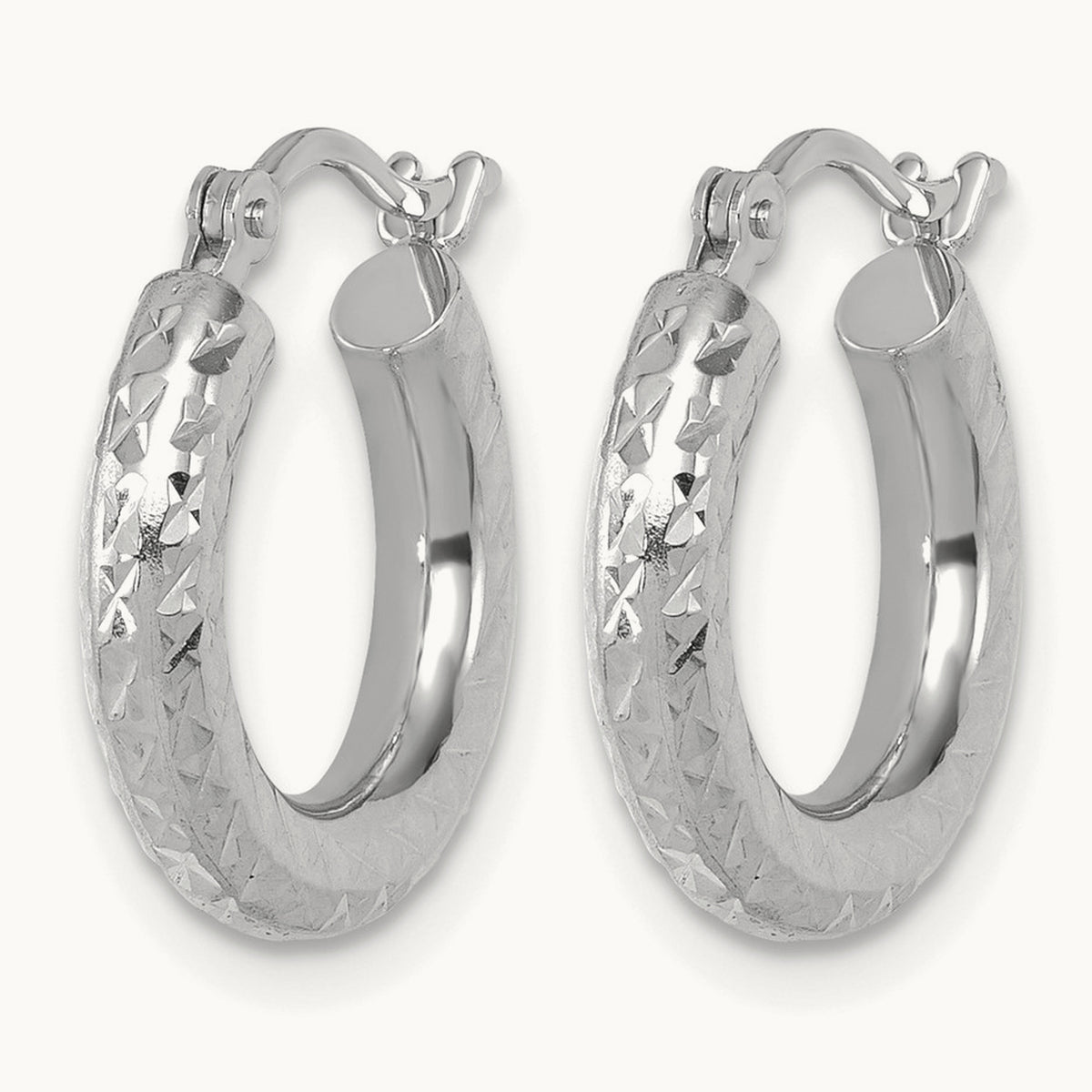 Diamond-cut Round Hoop Earrings — 14K White Gold