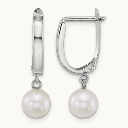 WG 7- Round White FW Cultured Pearl Dangle Hoop Earrings, 8mm, 14K