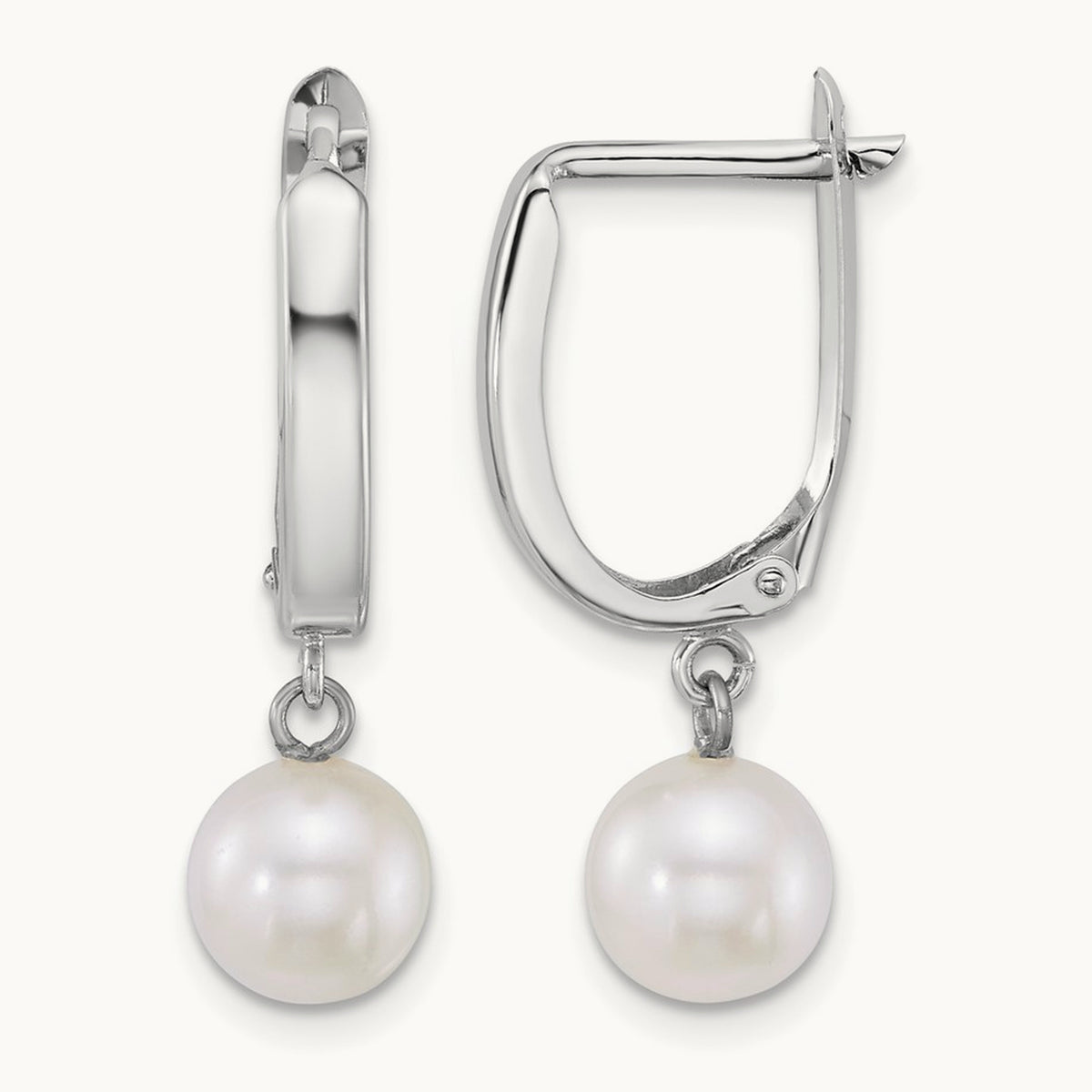WG 7- Round White FW Cultured Pearl Dangle Hoop Earrings, 8mm, 14K