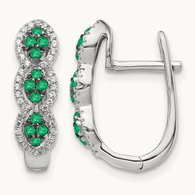 Diamond and Emerald Hinged Earrings, 14K White Gold