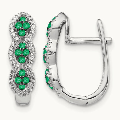 Diamond and Emerald Hinged Earrings, 14K White Gold
