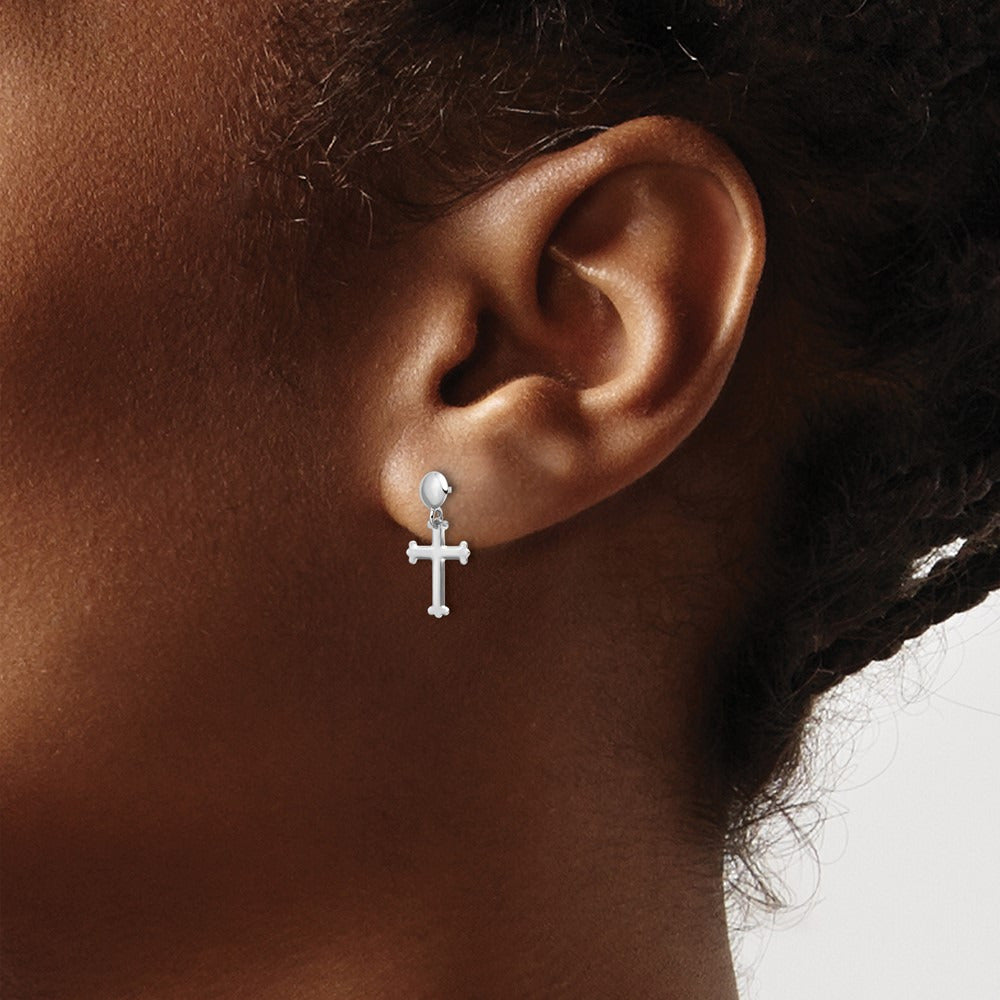 Polished Cross Post Dangle Earrings — 14K White Gold