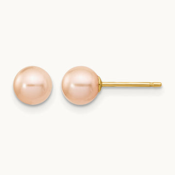 5- Pink Round Freshwater Cultured Pearl Stud Post Earrings, 6mm, 14K