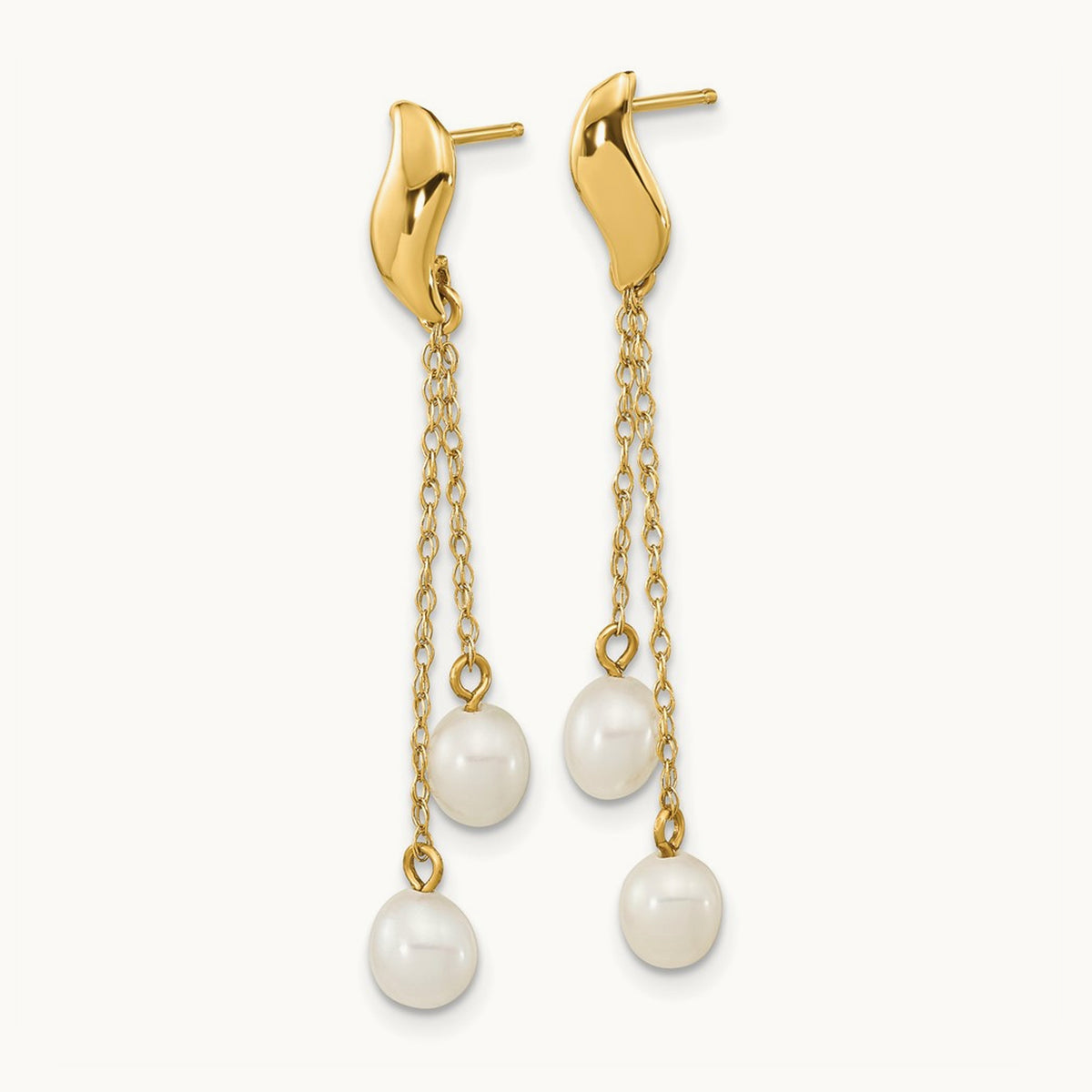 4- White Rice Freshwater Cultured Pearl Post Dangle Earrings, 5mm, 14K