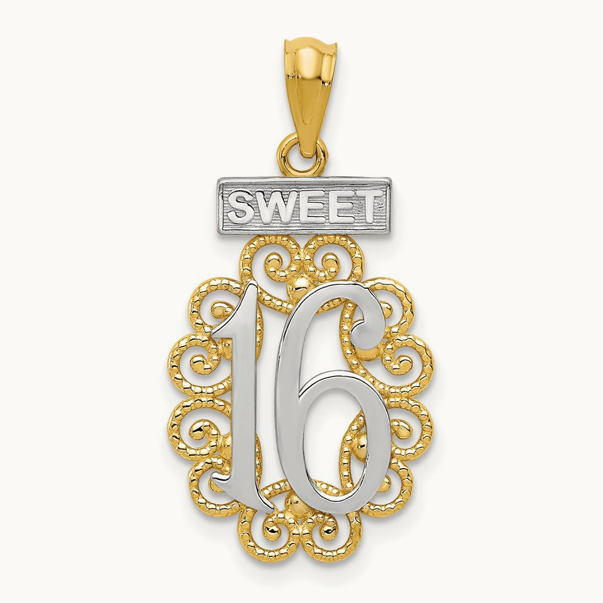 w/Rhodium Filigree SWEET 16 Pendant, 14K