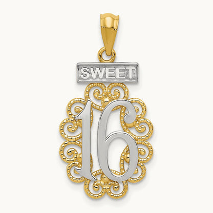 w/Rhodium Filigree SWEET 16 Pendant, 14K