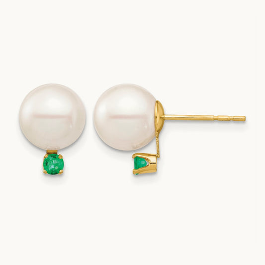 8- White Round Freshwater Cultured Pearl Emerald Post Earrings, 8.5mm, 14K