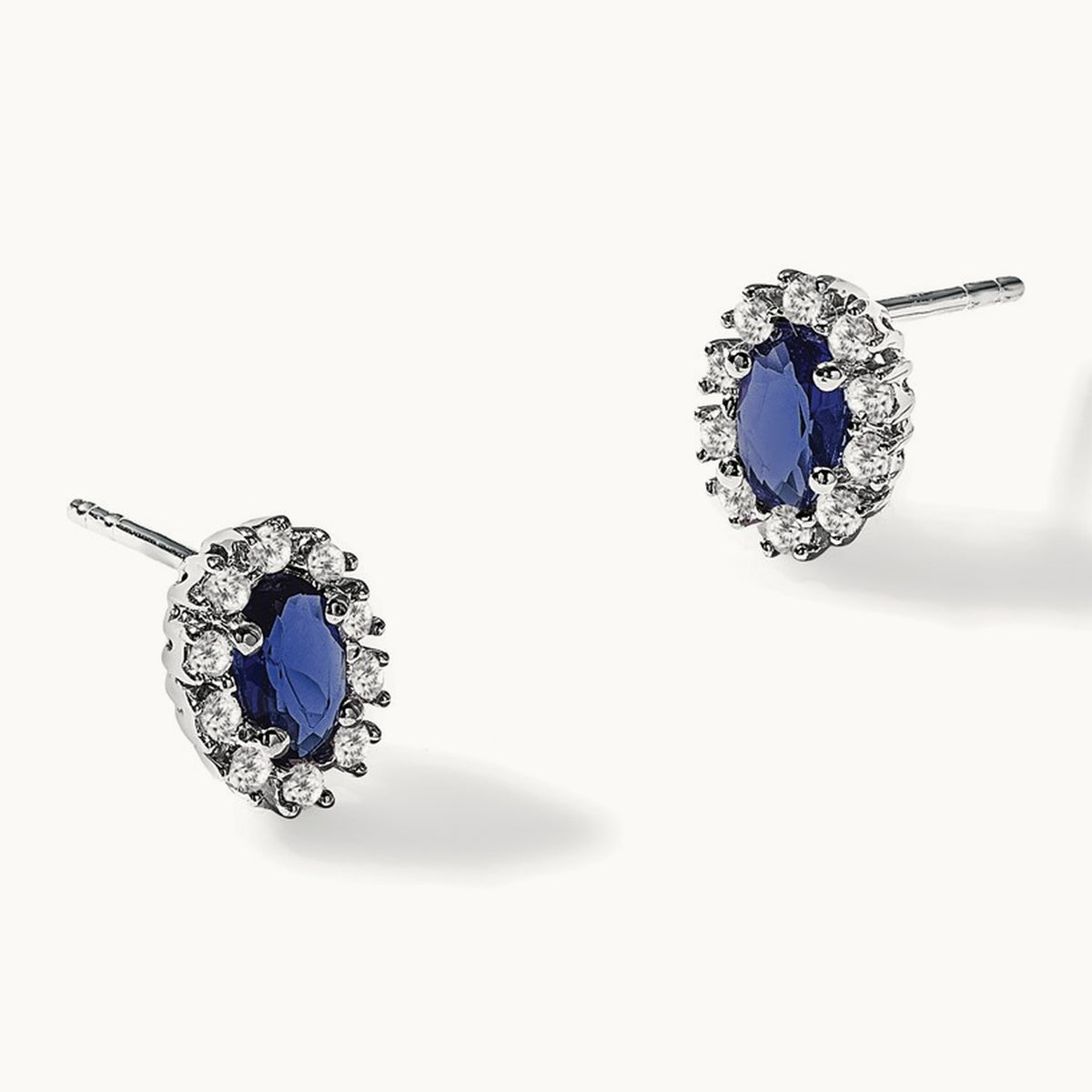 Created Sapphire Halo Post Earrings, 0.20 ct tw Lab-Grown Diamond — 14K White Gold
