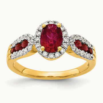 Oval Created Ruby Ring, 0.25 ct tw Lab-Grown Diamond — 14K Yellow Gold