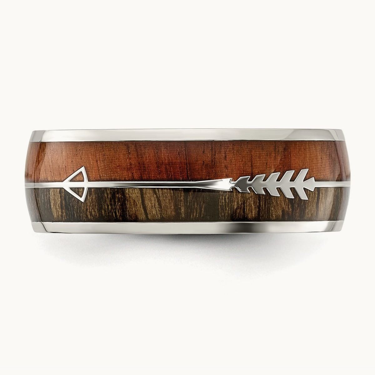 Polished with Wood Inlay Arrow Band, 8mm, Stainless Steel