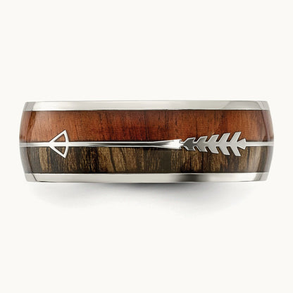 Polished with Wood Inlay Arrow Band, 8mm, Stainless Steel