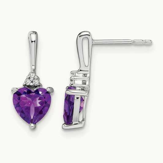 Amethyst and Diamond Heart Earrings, 14K White Gold
