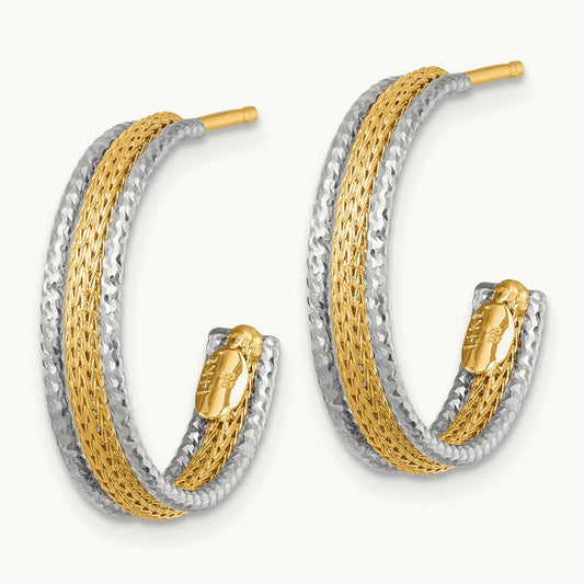 Textured Woven J-Hoop Post Earrings, 4mm, 14K Two-tone