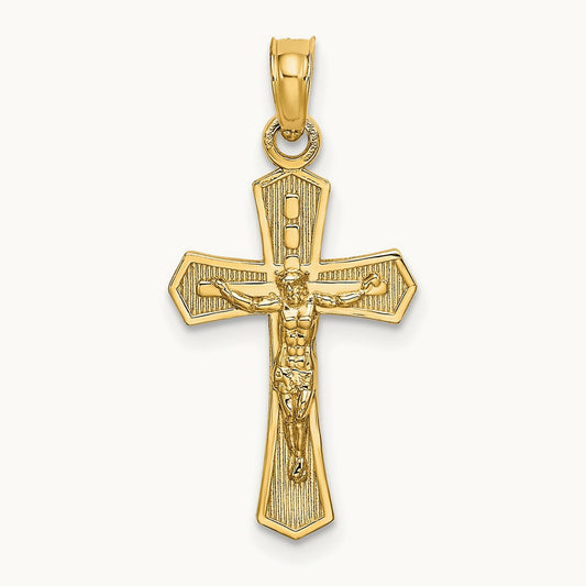 Crucifix W/ Beveled Edges Charm — 14K Yellow Gold