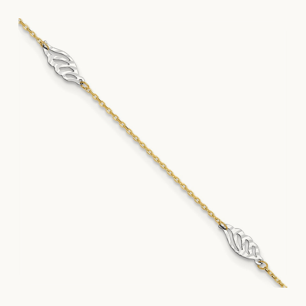 Diamond-cut Polished Leaf 9in Plus 1in ext. Anklet, 14K Two-tone