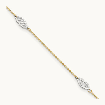 Diamond-cut Polished Leaf 9in Plus 1in ext. Anklet, 14K Two-tone