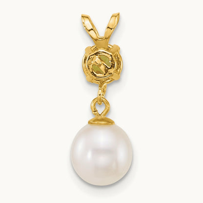 7- Round White FWC Pearl and Peridot Pendant, 8mm, 14K