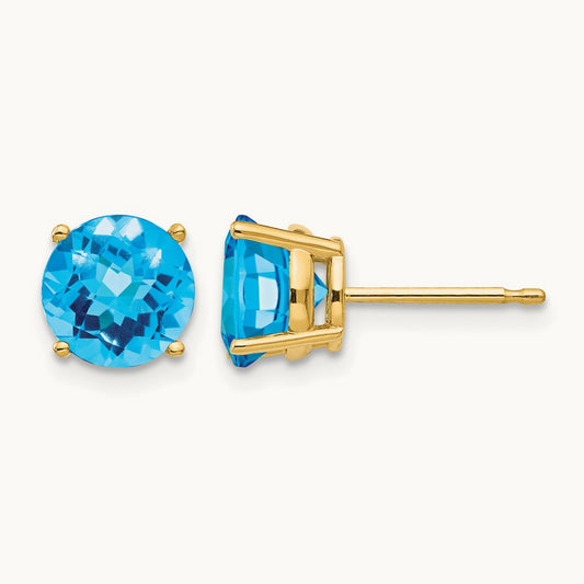 Blue Topaz Checker Earrings, 7mm, 14K