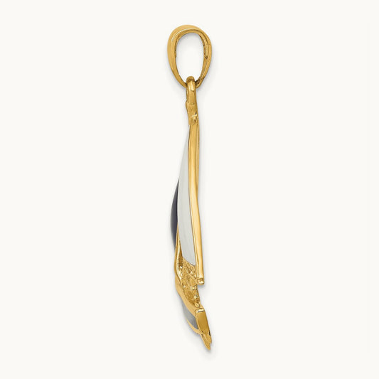 2-D Blue and White Enameled Sailboat Pendant, 14K