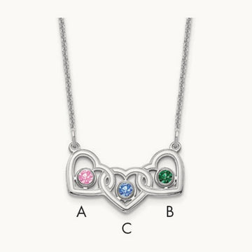 3 Hearts 3 Birthstones w/ 18k Rhodium Plated Bezels Necklace, 14K White Gold