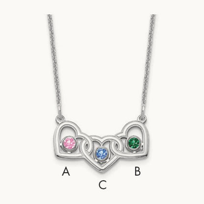 3 Hearts 3 Birthstones w/ 18k Rhodium Plated Bezels Necklace, 14K White Gold
