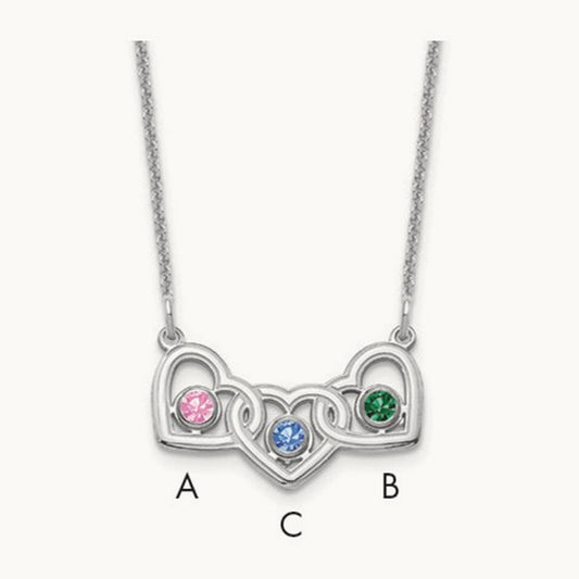 3 Hearts 3 Birthstones w/ 18k Rhodium Plated Bezels Necklace, 14K White Gold