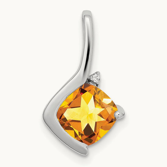Cushion Citrine and Diamond Pendant — 14K White Gold