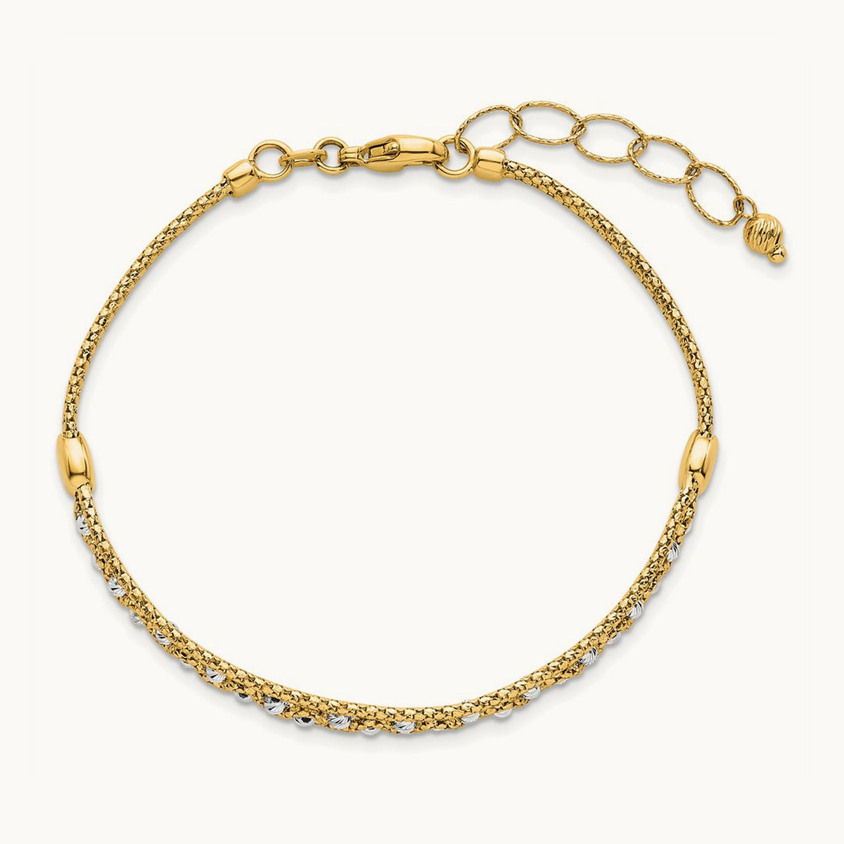 Textured and D/C Beaded w/1 inch ext Bracelet, 14K Two-tone