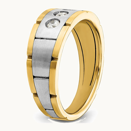 IBGoodman 14K Two-tone Men's Polished Satin and Grooved 3-Stone 1/4 Carat AA Quality Diamond Ring