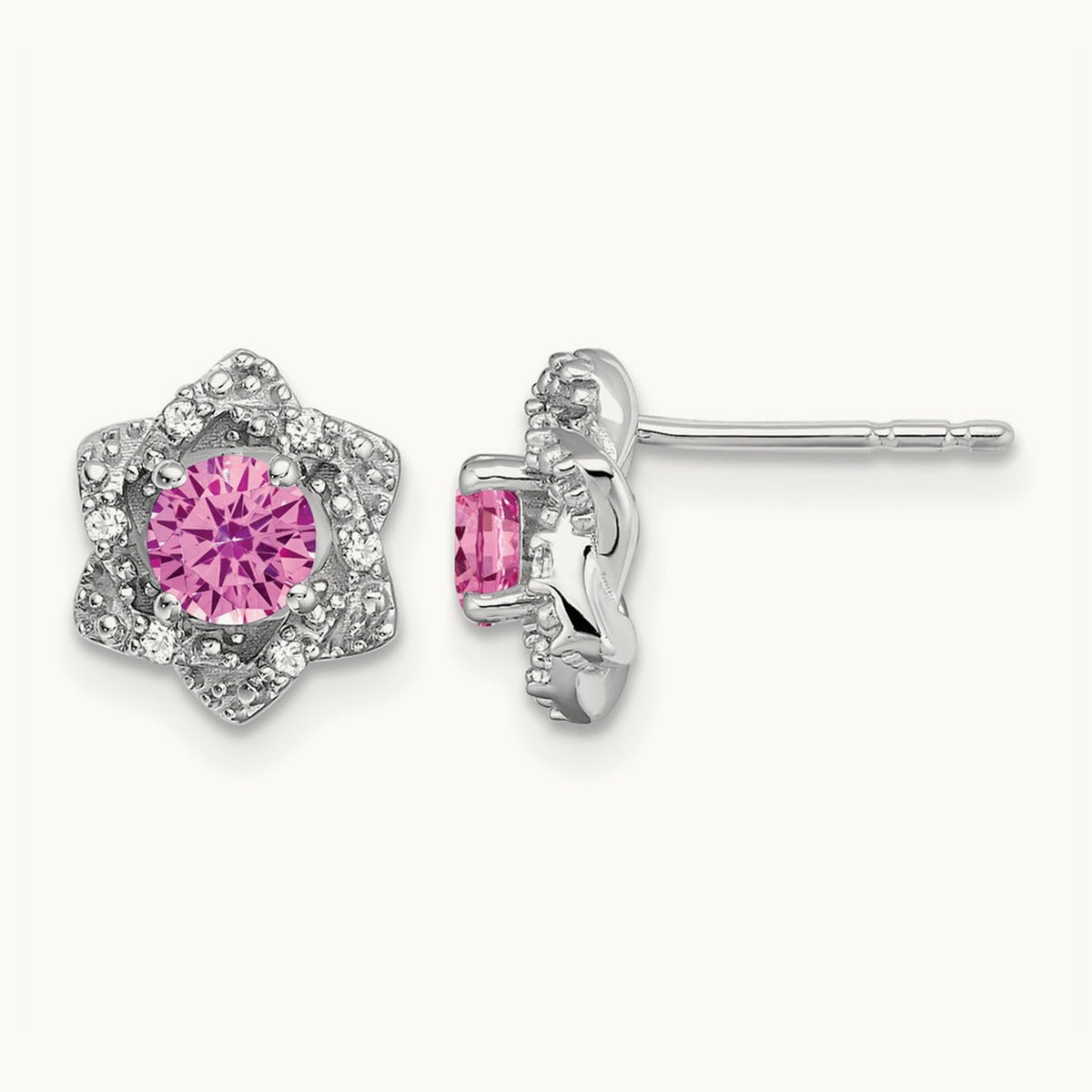 Created Pink Sapphire and Diamond Post Earrings, 14K White Gold