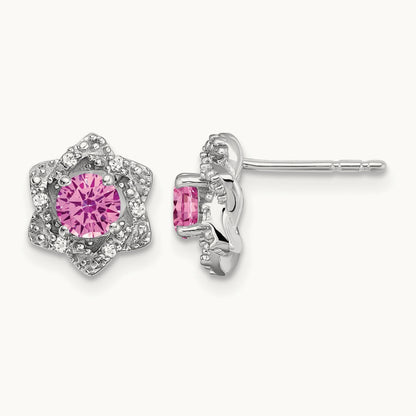 Created Pink Sapphire and Diamond Post Earrings, 14K White Gold