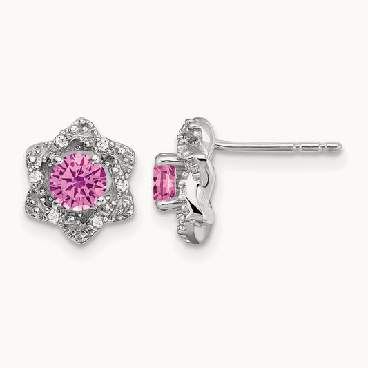 Created Pink Sapphire and Diamond Post Earrings, 14K White Gold