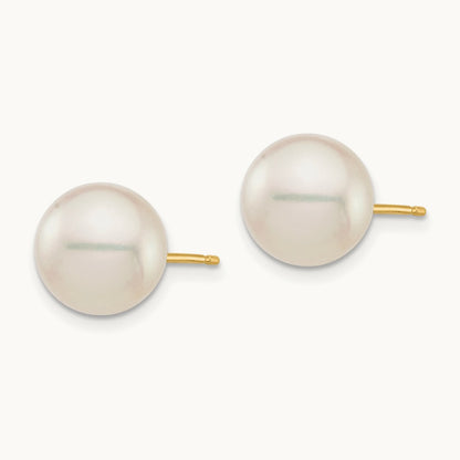 9- White Round Saltwater Akoya Cultured Pearl Stud Post Earrings, 10mm, 14K