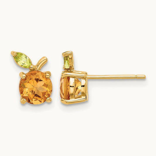Citrine and Peridot Orange Post Earrings, 14K Gold