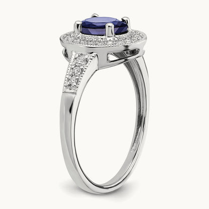 Oval Created Sapphire and Diamond Halo Ring, 14K White Gold