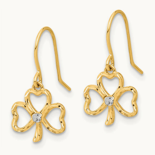 D/C Clover Dangle Earrings, 14K with White Rhodium