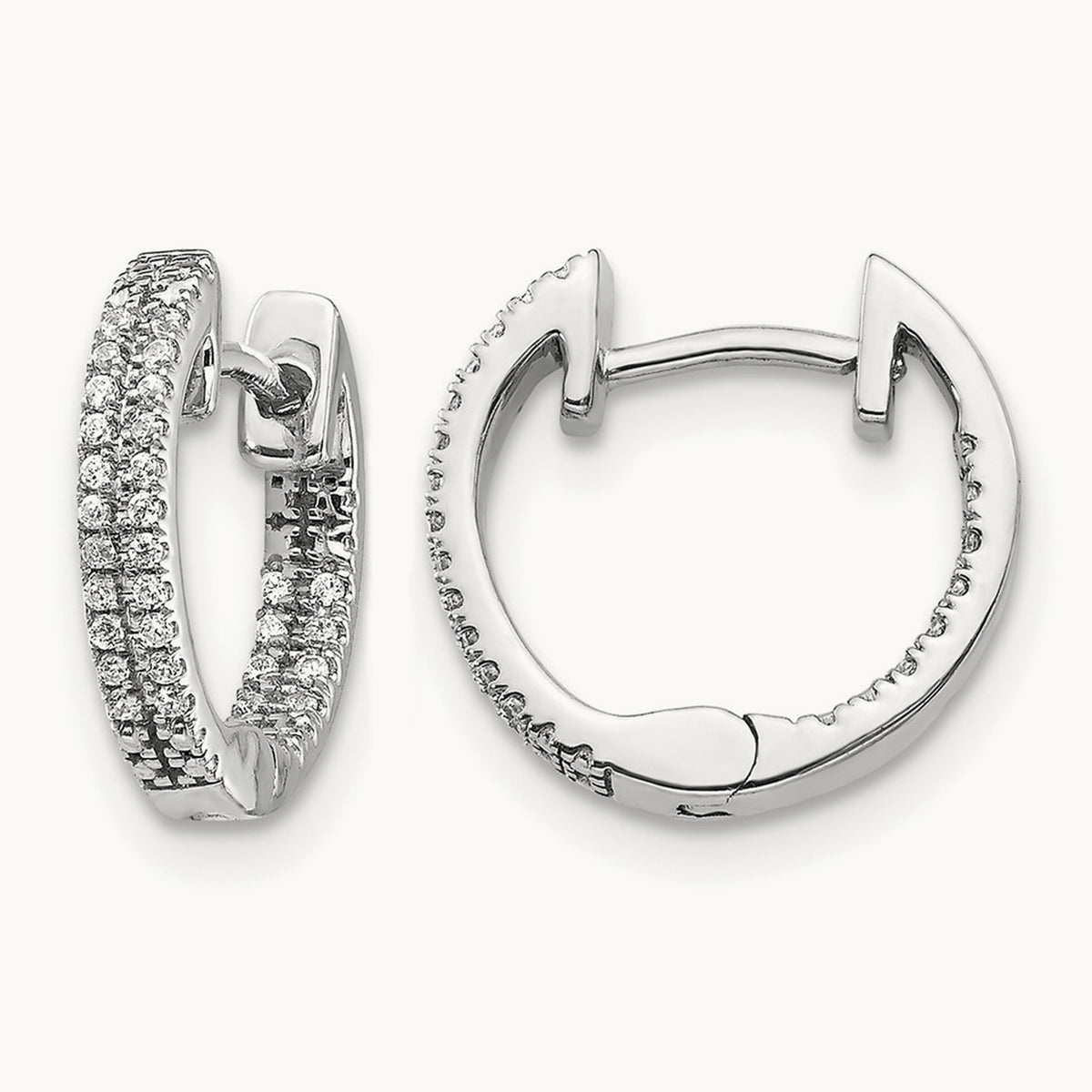 14K White Gold In/Out Diamond Hinged Hoop Earrings