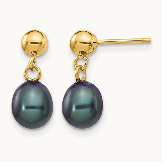 6- Black Rice Freshwater Cultured Pearl Post Dangle Earrings, 7mm, 14K