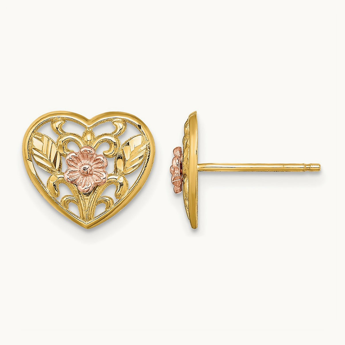 Polished Floral in Heart Post Earrings, 14K Two-tone