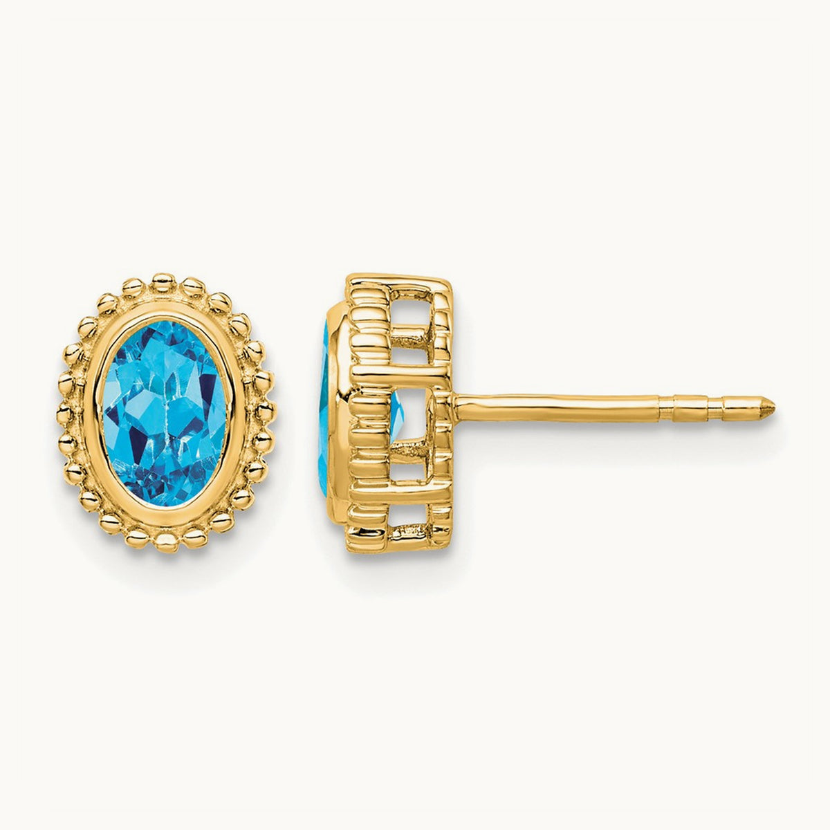 Oval Blue Topaz Post Earrings — 14K Yellow Gold