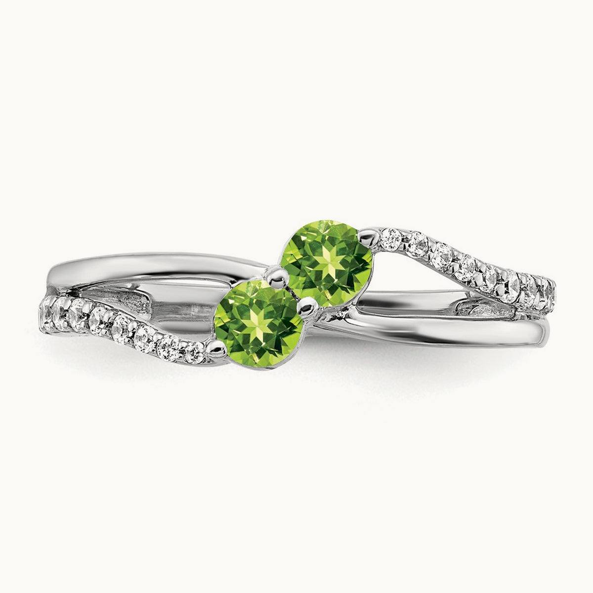 Peridot and Diamond 2-stone Ring, 14K White Gold