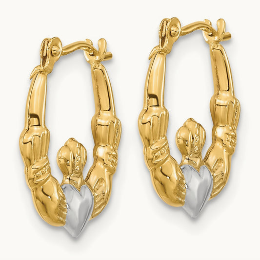 w/White Rhodium Polished Claddagh Hoops, 14K