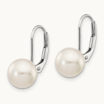 8- Round White Saltwater Akoya Leverback Earrings, 9mm, 14K White Gold