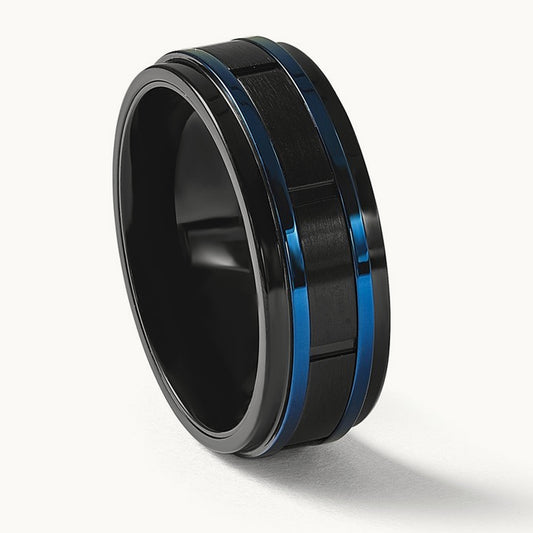 Polished w/Brushed Center Black & Blue IP Band, 8mm, Stainless Steel