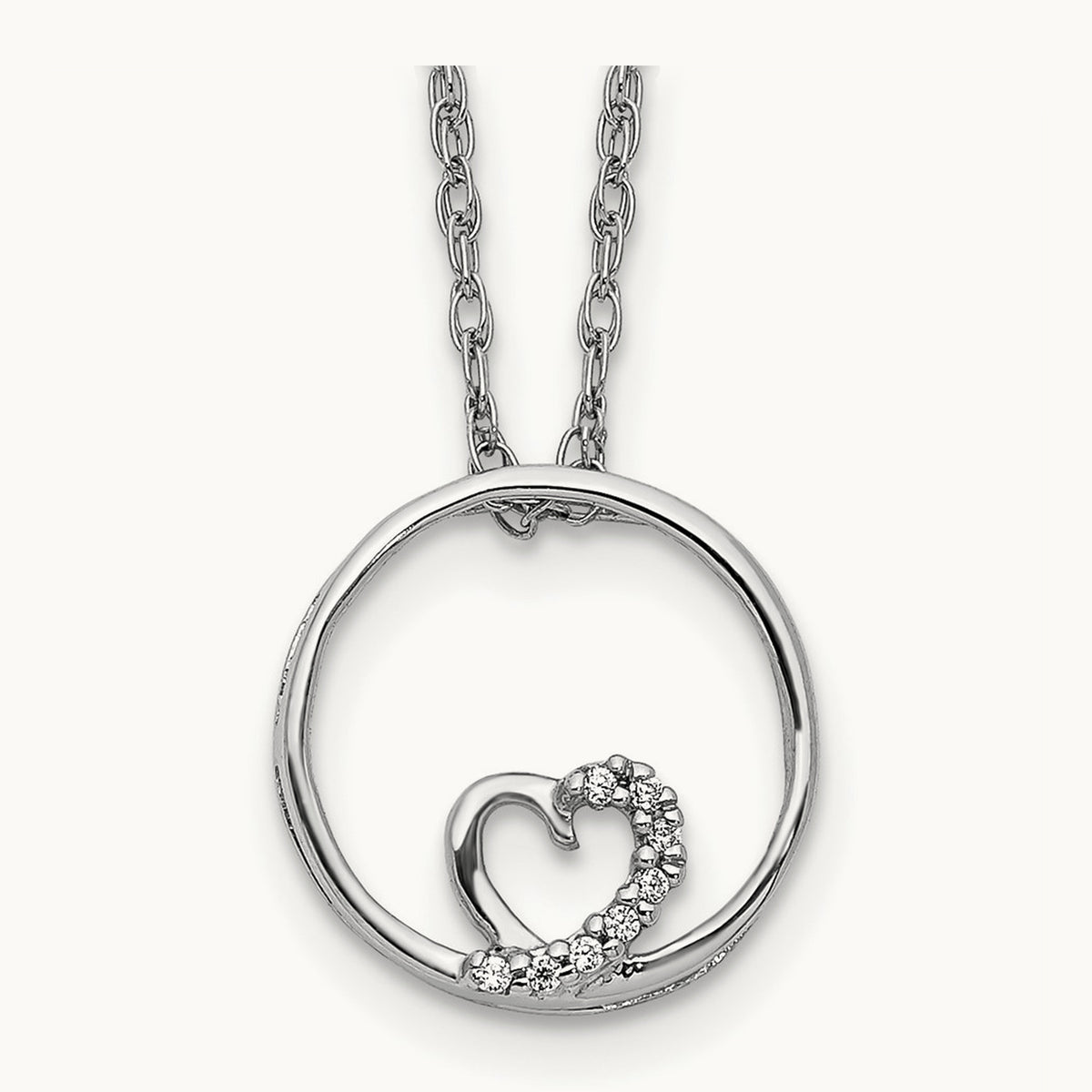 Circle and Heart 18 inch Necklace, 14K White Gold