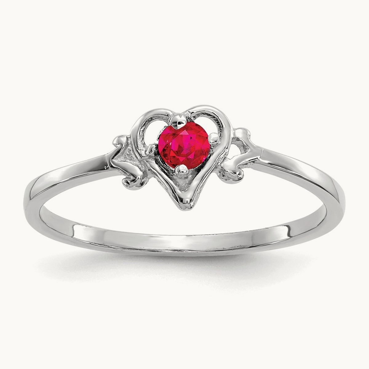 Ruby Birthstone Heart Ring — 14K White Gold, 7